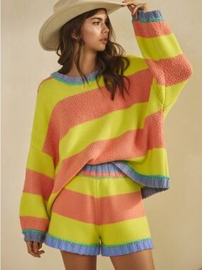 Coral yellow ribbed stripe color block top and short resort Lounge comfort set